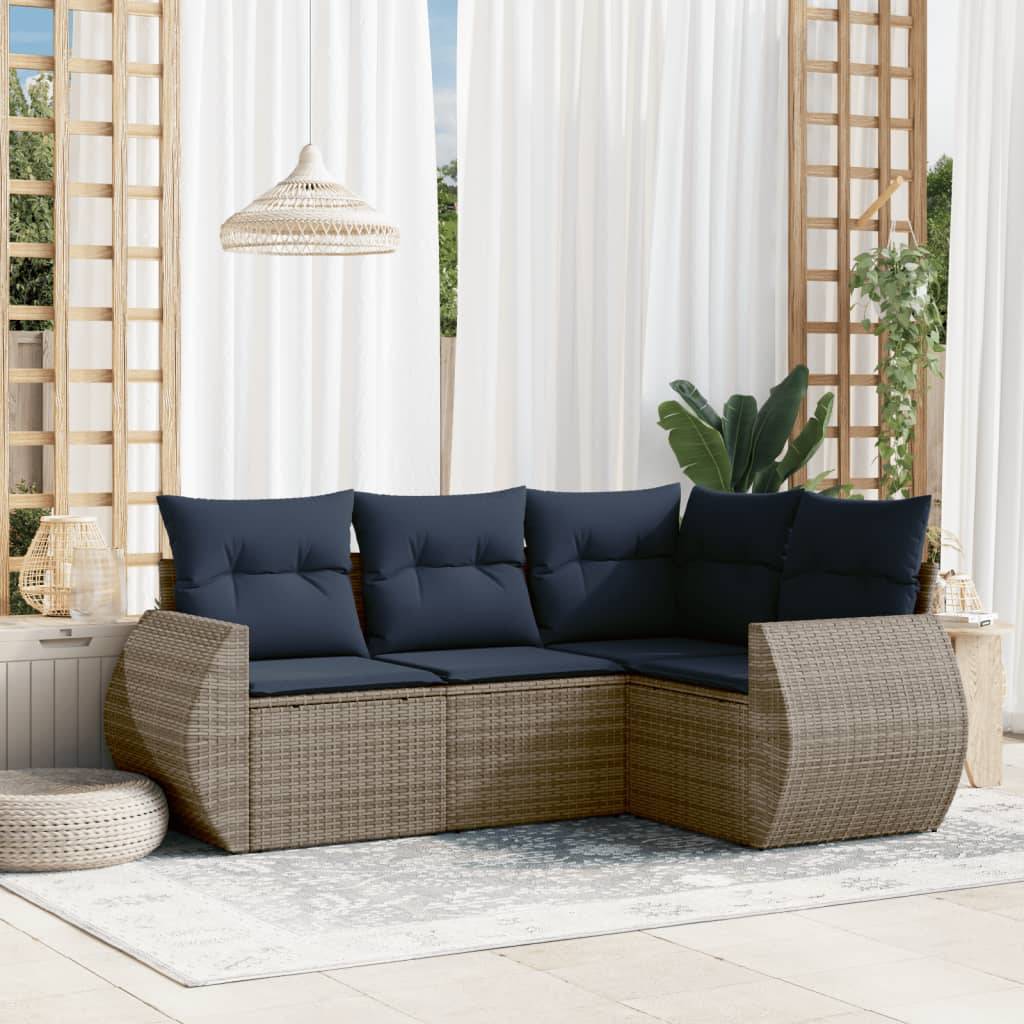 vidaXL 4-teiliges Gartensofa-Set mit Kissen, grau, Polyrattan