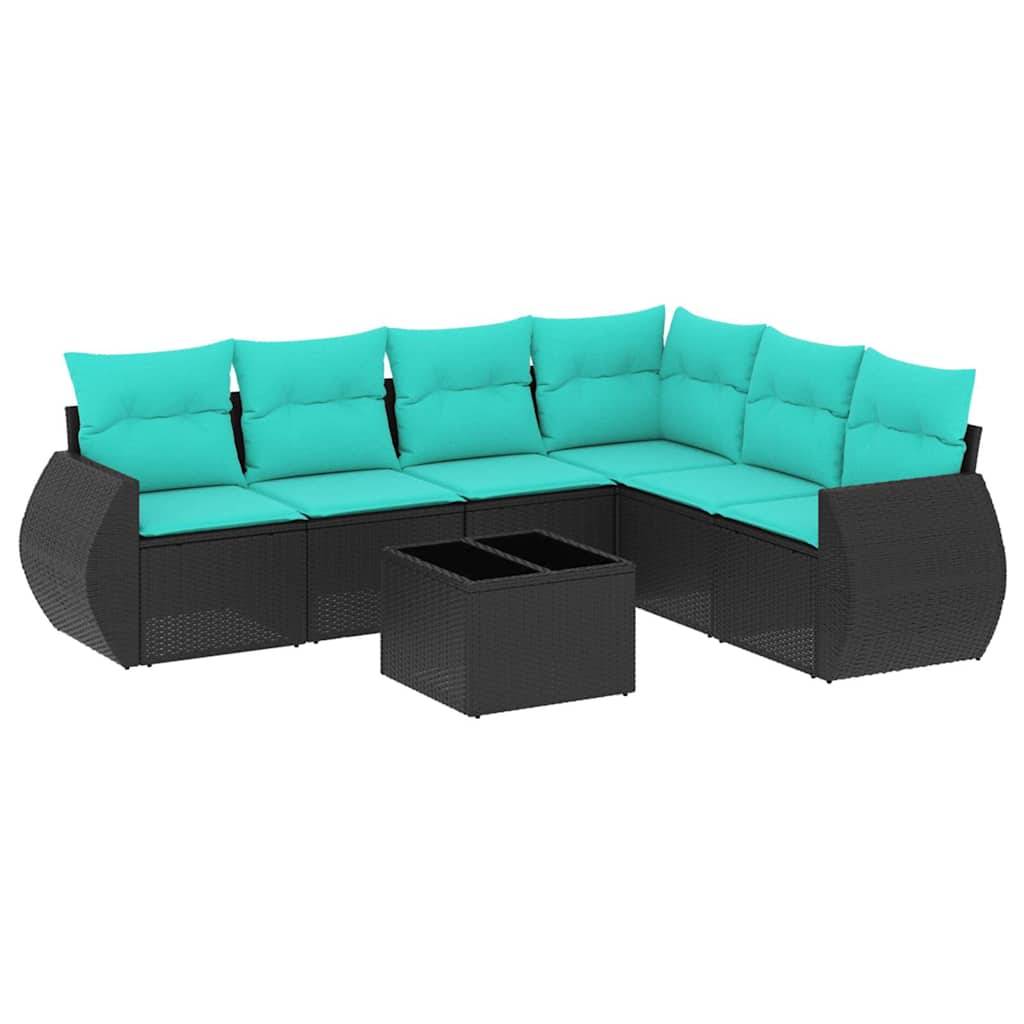 vidaXL 7-teiliges Gartensofa-Set mit Kissen, schwarzes Polyrattan