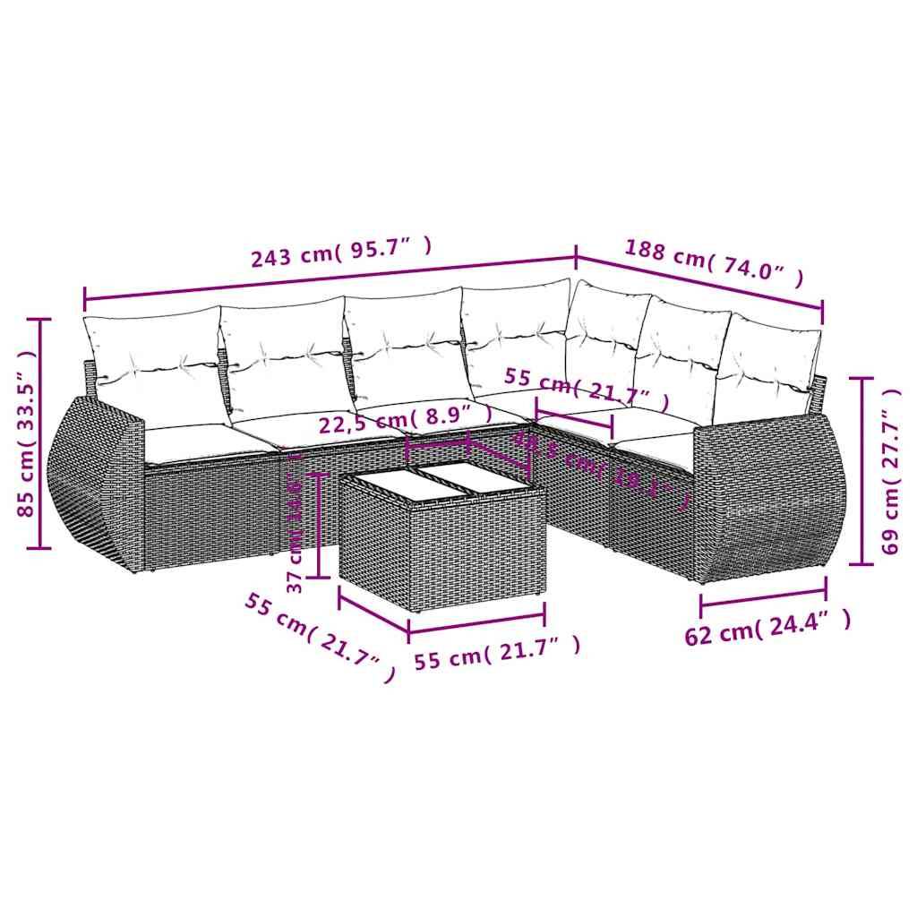 vidaXL 7-teiliges Gartensofa-Set mit Kissen, schwarzes Polyrattan