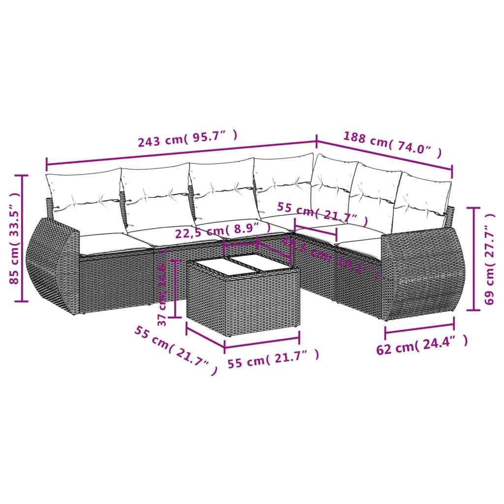 vidaXL 7-teiliges Gartensofa-Set mit Kissen, grau, Polyrattan