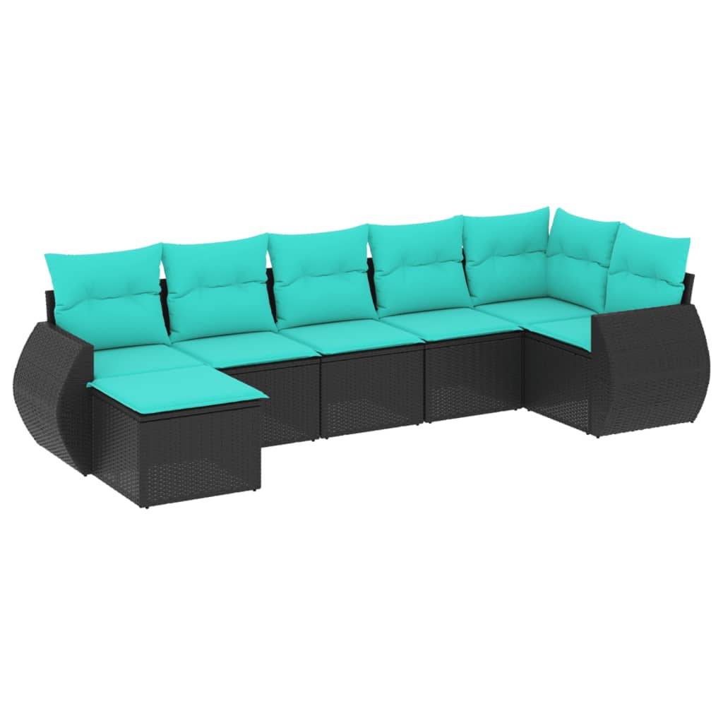 vidaXL 7-teiliges Gartensofa-Set mit Kissen, schwarzes Polyrattan
