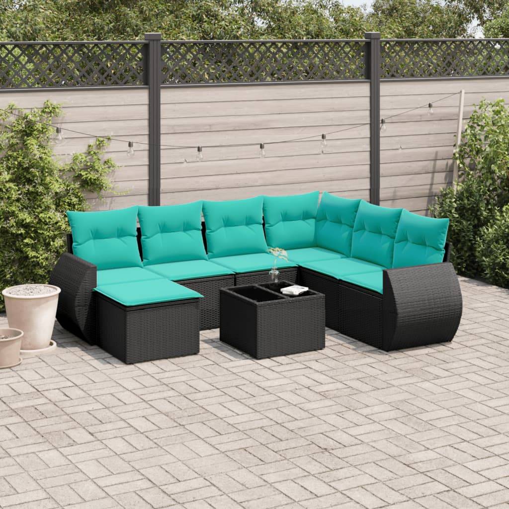 vidaXL 8-teiliges Gartensofa-Set mit Kissen, schwarzes Polyrattan