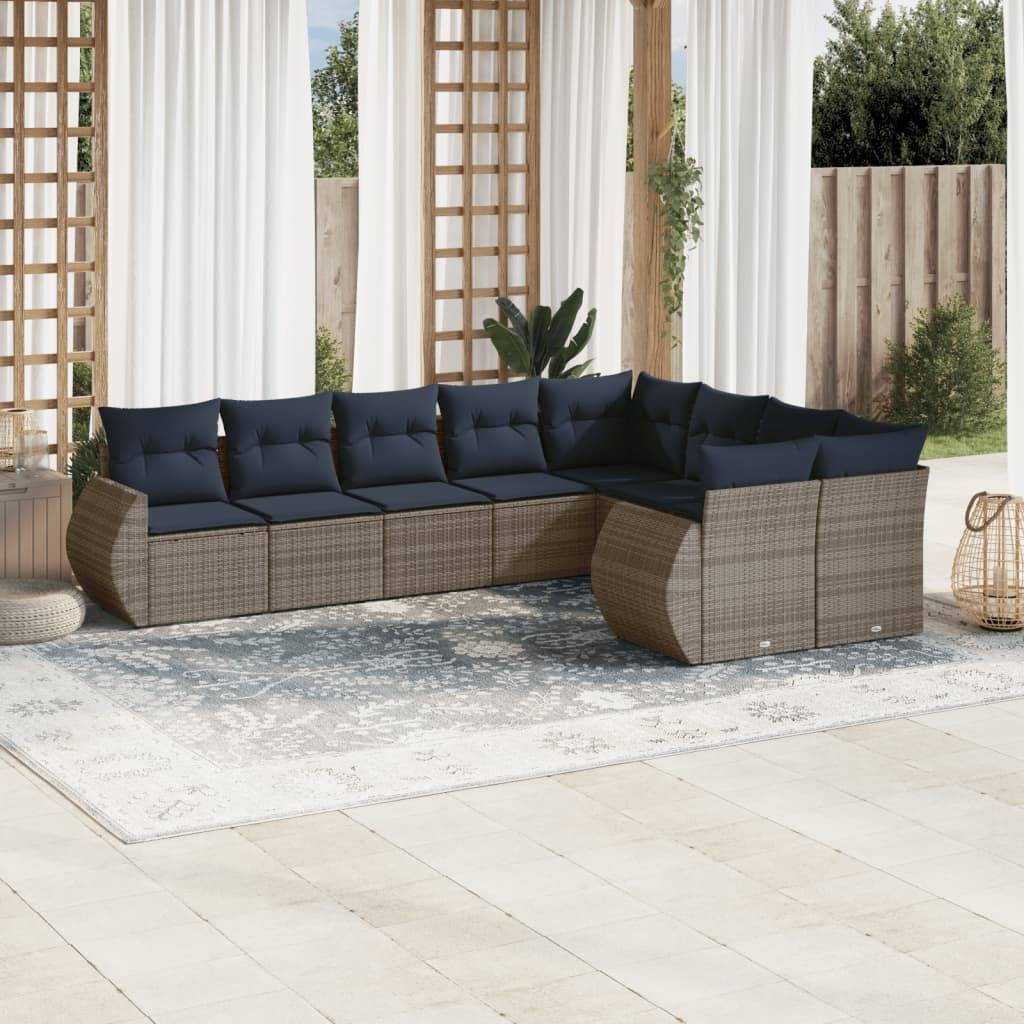 vidaXL 9-teiliges Gartensofa-Set mit Kissen, grau, Polyrattan