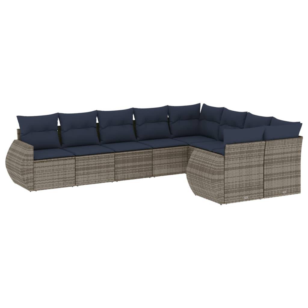 vidaXL 9-teiliges Gartensofa-Set mit Kissen, grau, Polyrattan