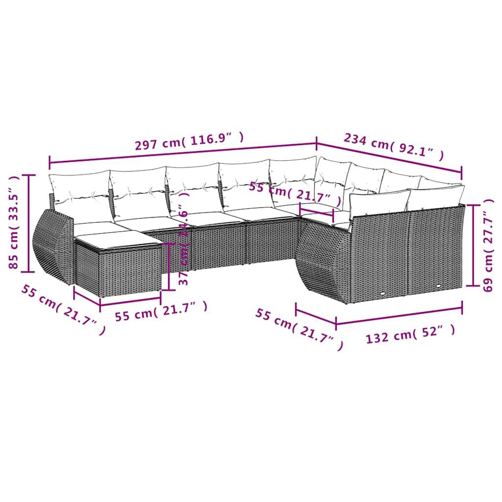 vidaXL 10-teiliges Gartensofa-Set mit Kissen, schwarzes Polyrattan