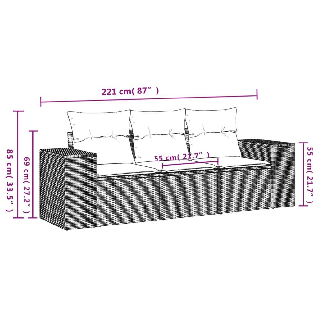vidaXL 3-teiliges Gartensofa-Set mit Kissen, schwarzes Polyrattan