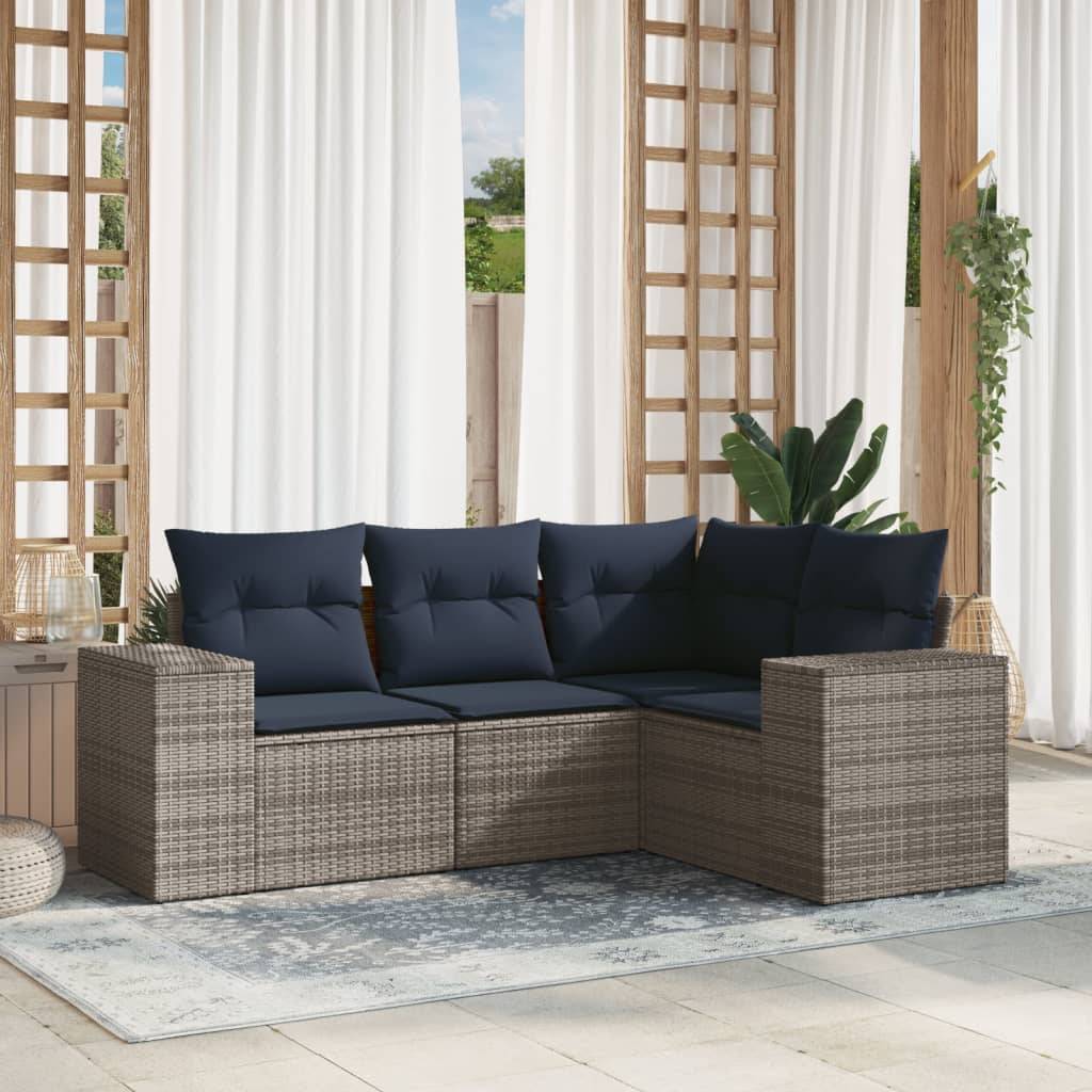vidaXL 4-teiliges Gartensofa-Set mit Kissen, grau, Polyrattan