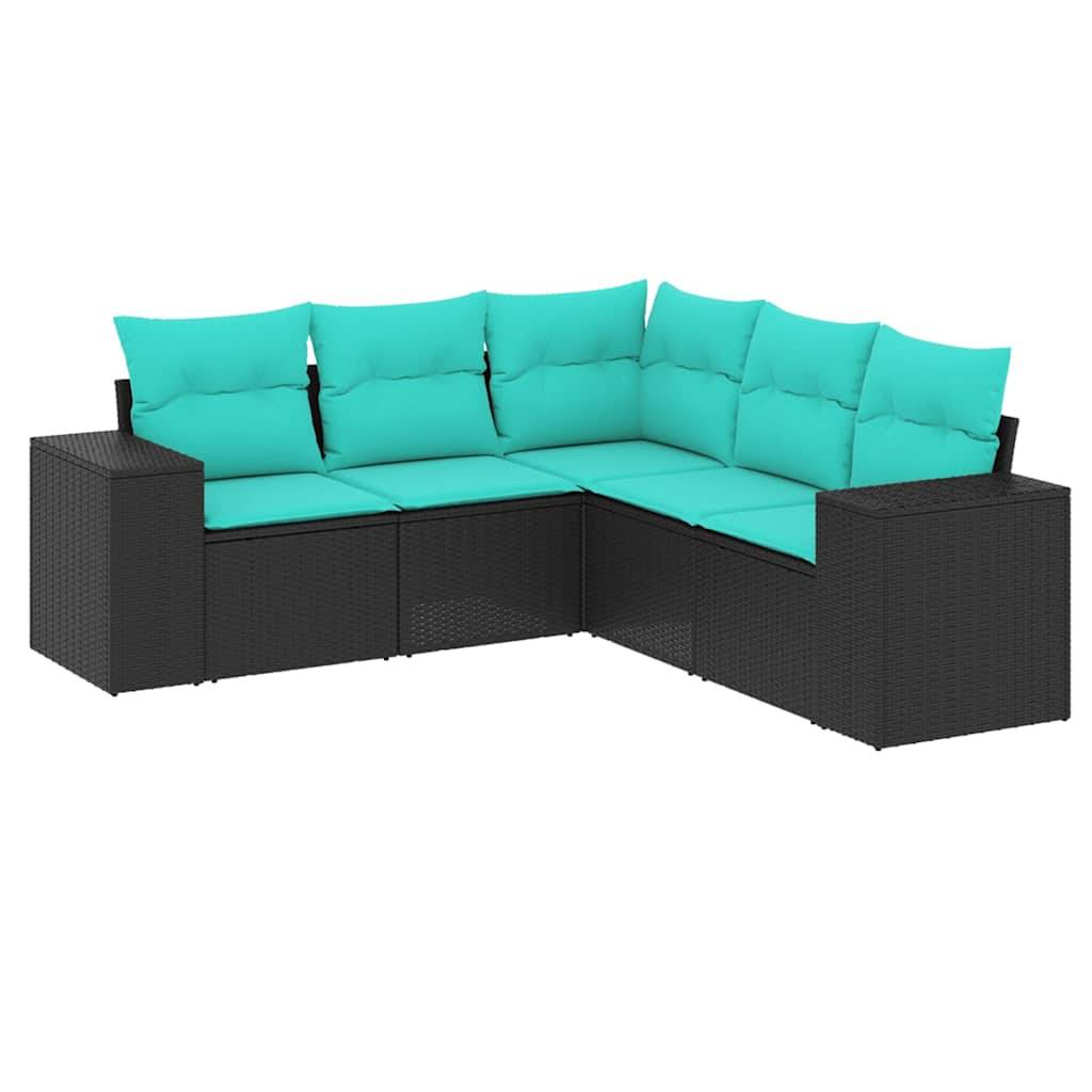vidaXL 5-teiliges Gartensofa-Set mit Kissen, schwarzes Polyrattan