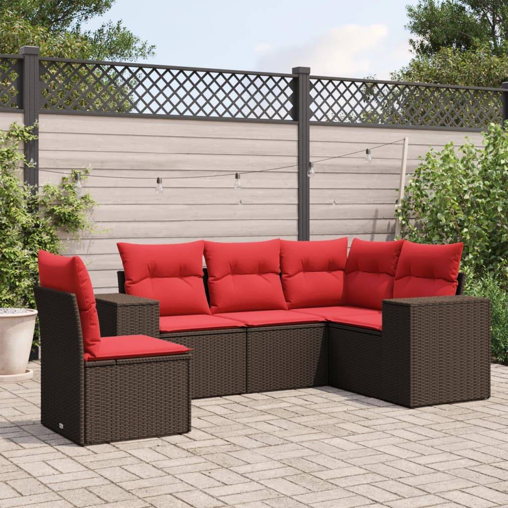 vidaXL 5-teiliges Gartensofa-Set mit Kissen, braun, Polyrattan