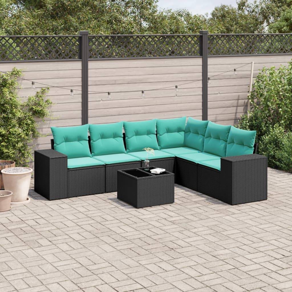 vidaXL 7-teiliges Gartensofa-Set mit Kissen, schwarzes Polyrattan