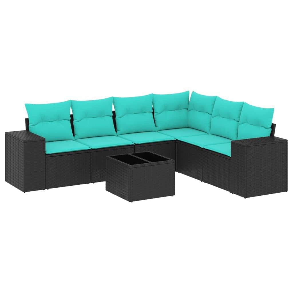 vidaXL 7-teiliges Gartensofa-Set mit Kissen, schwarzes Polyrattan