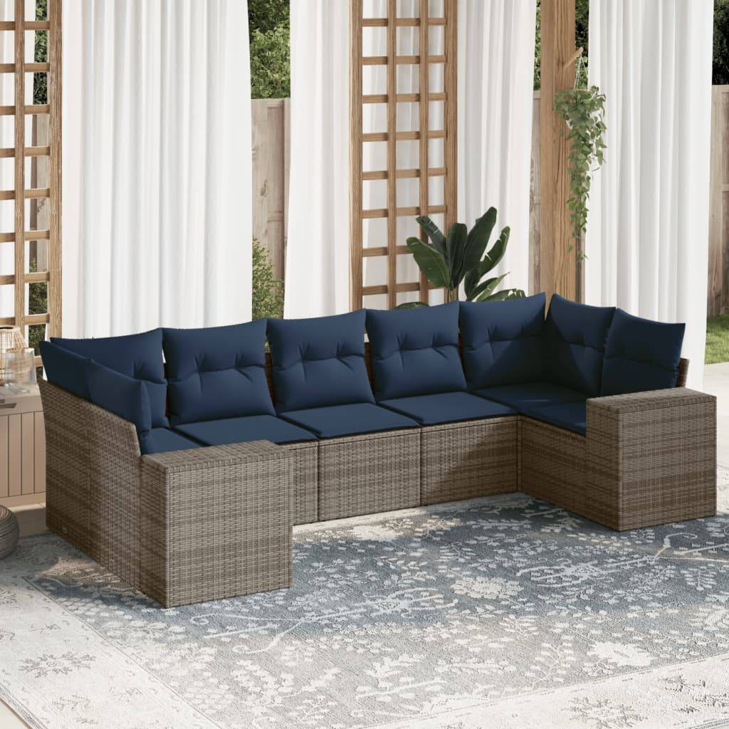 vidaXL 7-teiliges Gartensofa-Set mit Kissen, grau, Polyrattan