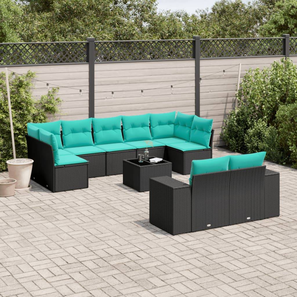 vidaXL 10-teiliges Gartensofa-Set mit Kissen, schwarzes Polyrattan