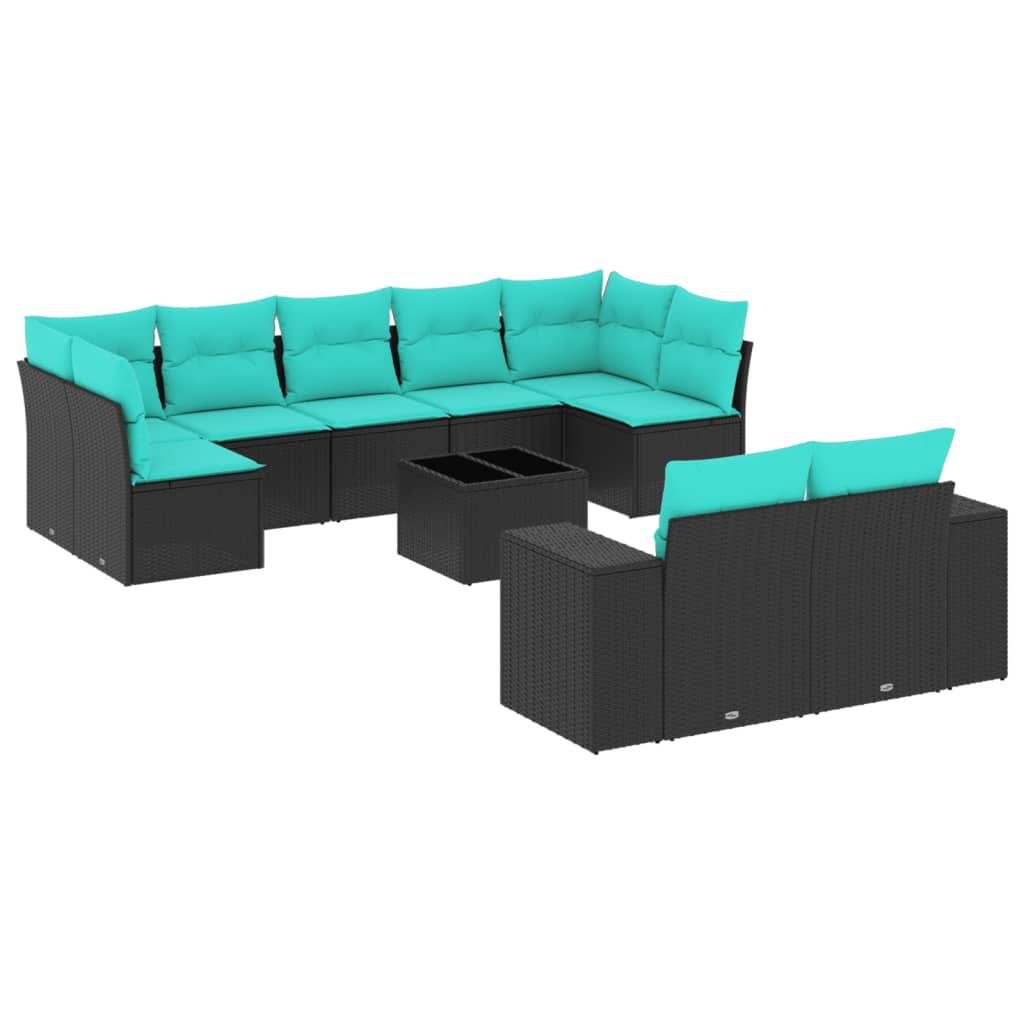 vidaXL 10-teiliges Gartensofa-Set mit Kissen, schwarzes Polyrattan