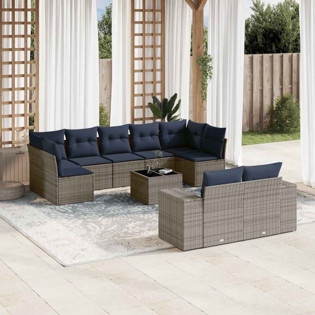 vidaXL 10-teiliges Gartensofa-Set mit Kissen, grau, Polyrattan