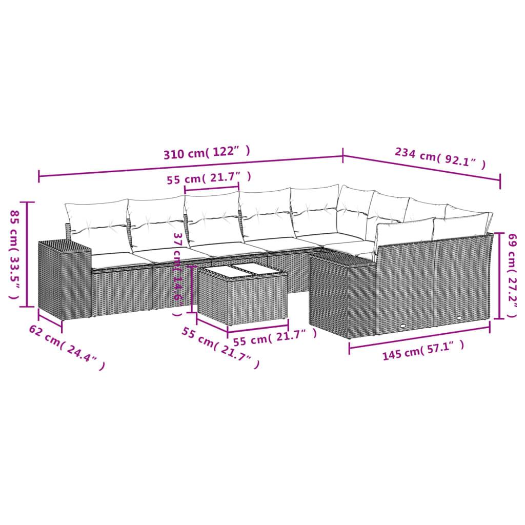 vidaXL 10-teiliges Gartensofa-Set mit Kissen, grau, Polyrattan