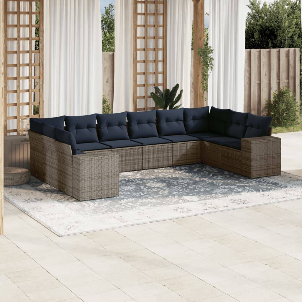 vidaXL 10-teiliges Gartensofa-Set mit Kissen, grau, Polyrattan