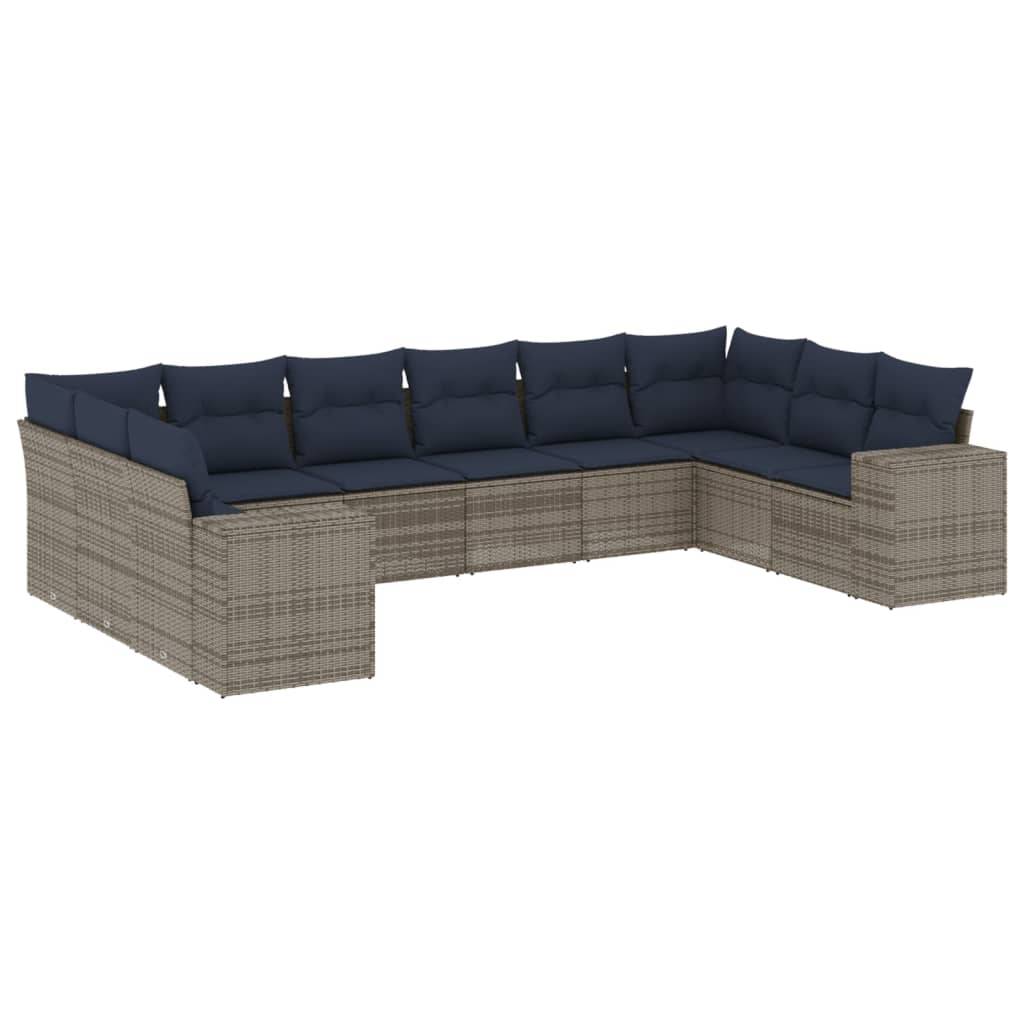 vidaXL 10-teiliges Gartensofa-Set mit Kissen, grau, Polyrattan