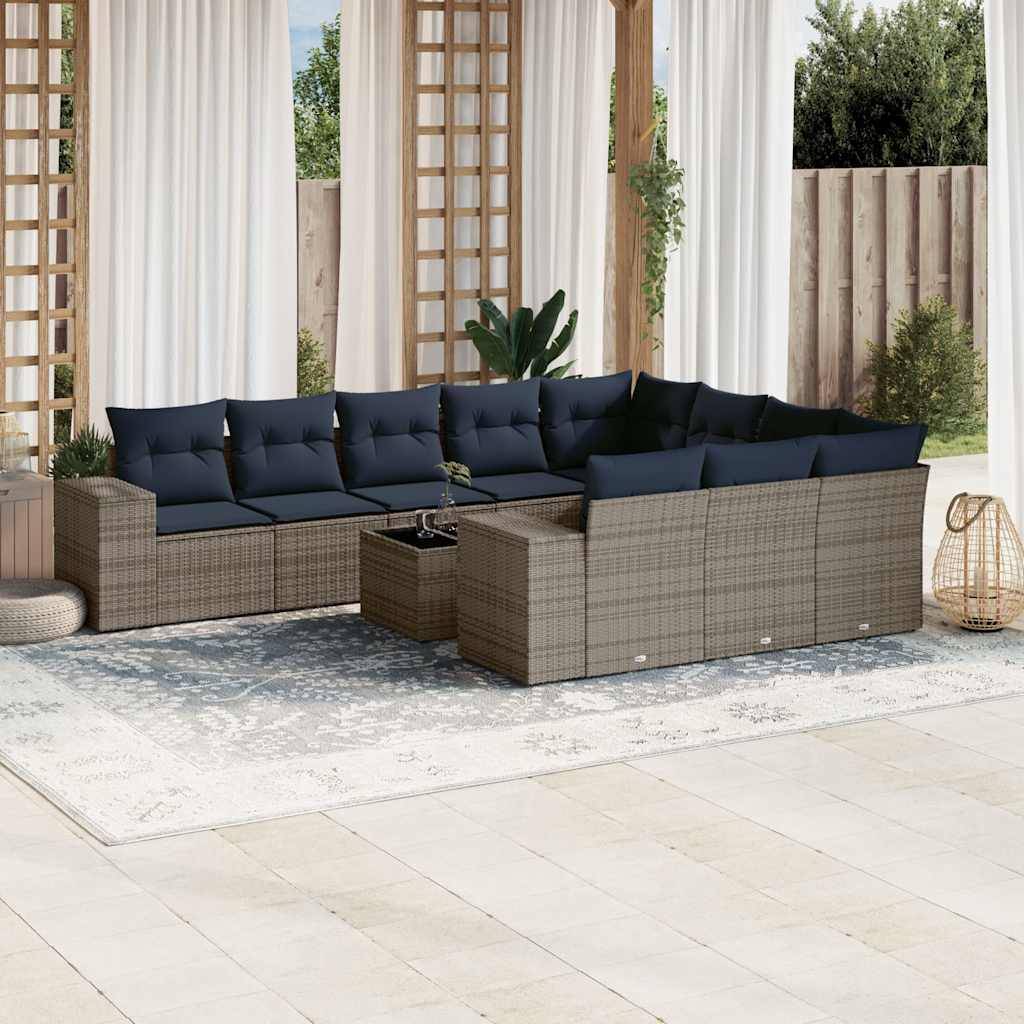 vidaXL 11-teiliges Gartensofa-Set mit Kissen, grau, Polyrattan