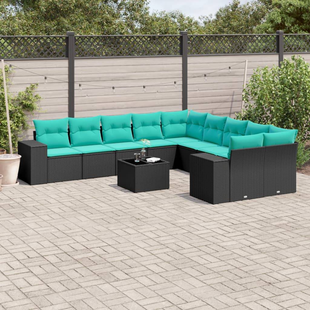 vidaXL 11-teiliges Gartensofa-Set mit Kissen, schwarzes Polyrattan