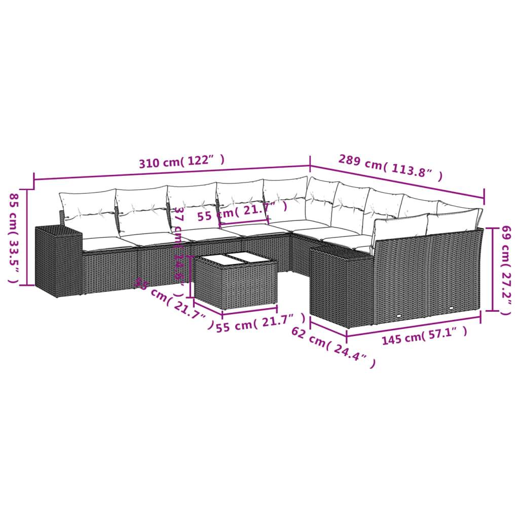 vidaXL 11-teiliges Gartensofa-Set mit Kissen, schwarzes Polyrattan