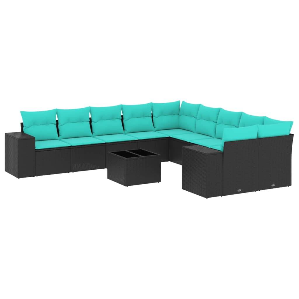vidaXL 11-teiliges Gartensofa-Set mit Kissen, schwarzes Polyrattan