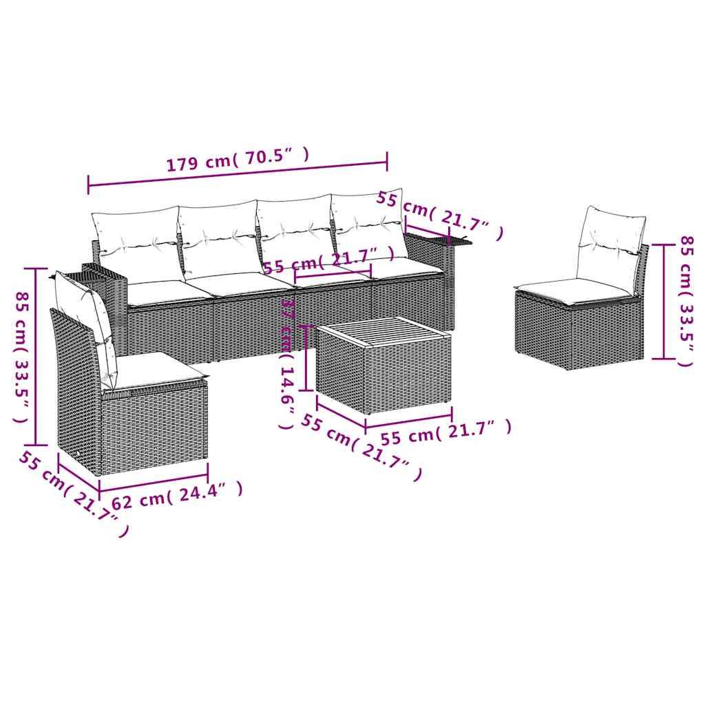 vidaXL 7-teiliges Gartensofa-Set mit Kissen, schwarzes Polyrattan