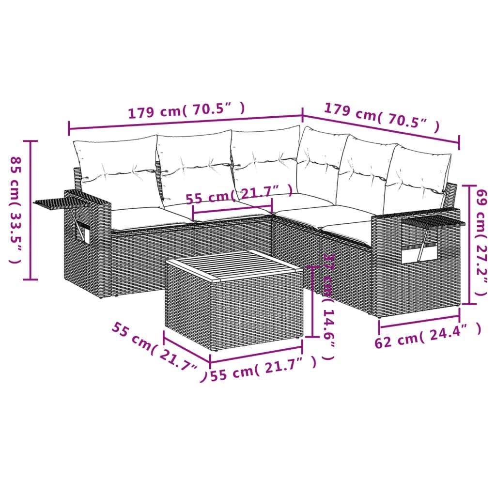 vidaXL 6-teiliges Gartensofa-Set mit Kissen, grau, Polyrattan