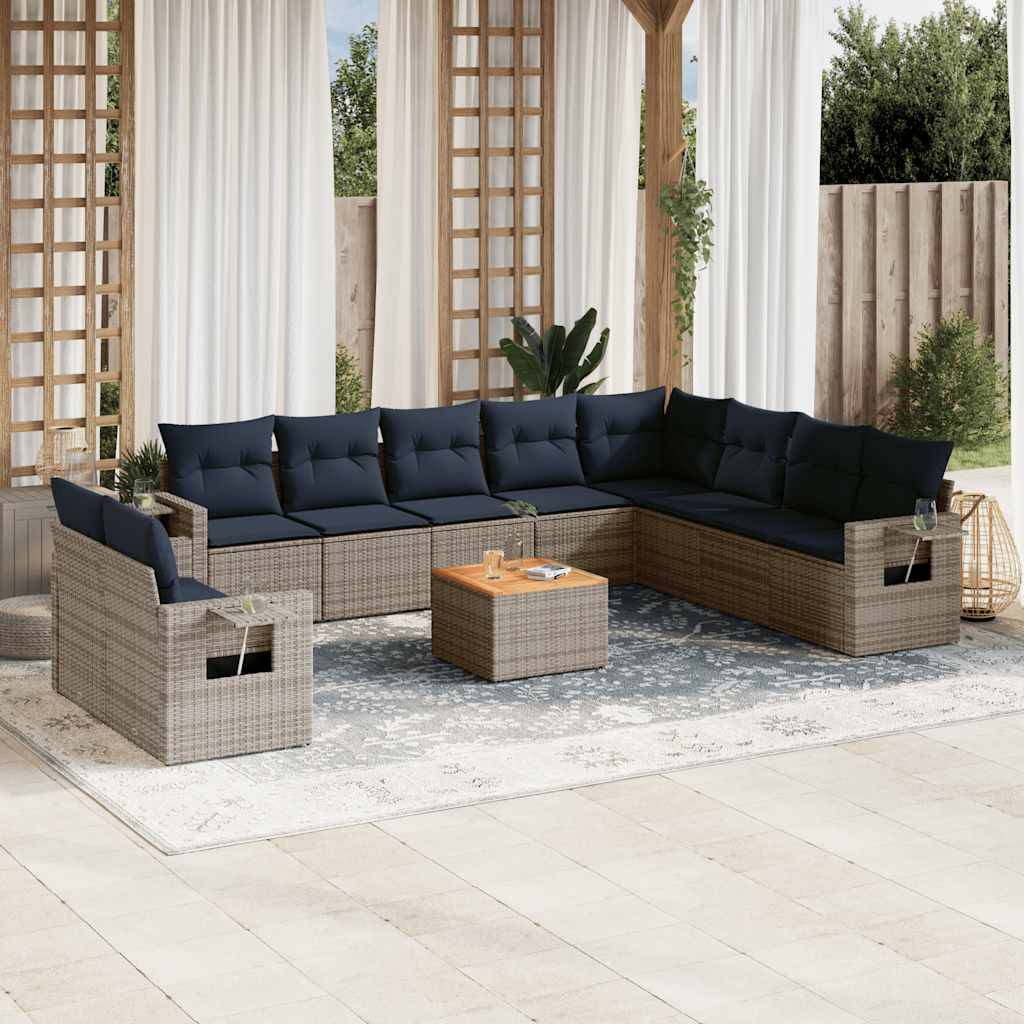 vidaXL 11-teiliges Gartensofa-Set mit Kissen, grau, Polyrattan