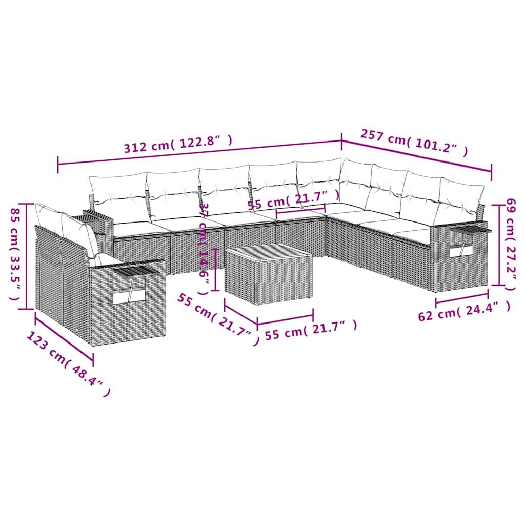 vidaXL 11-teiliges Gartensofa-Set mit Kissen, grau, Polyrattan