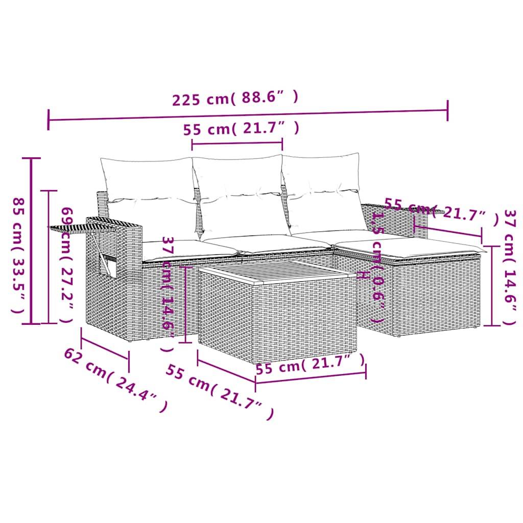 vidaXL 5-teiliges Gartensofa-Set mit Kissen, schwarzes Polyrattan