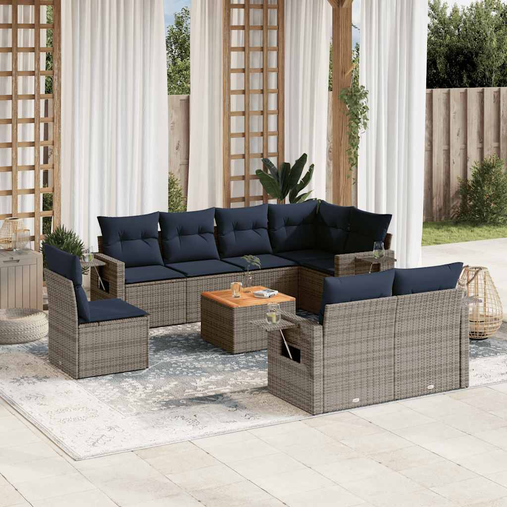 vidaXL 9-teiliges Gartensofa-Set mit Kissen, grau, Polyrattan