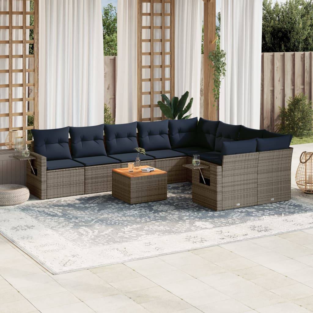 vidaXL 10-teiliges Gartensofa-Set mit Kissen, grau, Polyrattan