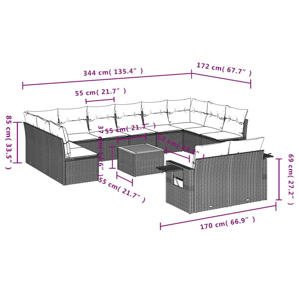 vidaXL 13-teiliges Gartensofa-Set mit Kissen, grau, Polyrattan