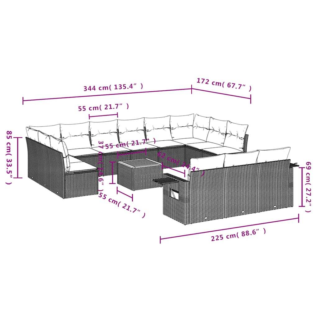 vidaXL 14-teiliges Gartensofa-Set mit Kissen, grau, Polyrattan