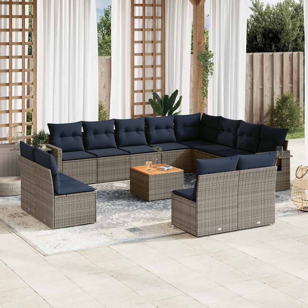 vidaXL 13-teiliges Gartensofa-Set mit Kissen, grau, Polyrattan