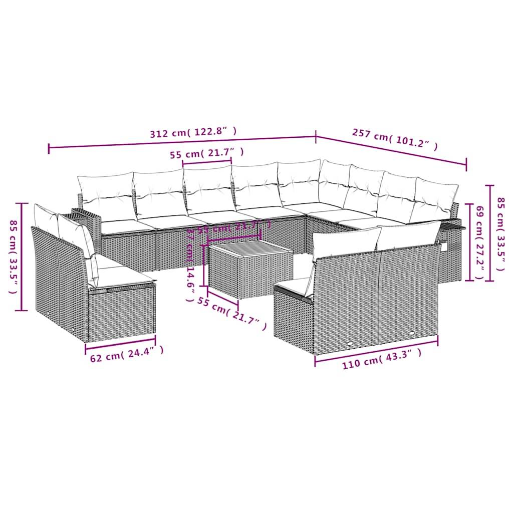 vidaXL 13-teiliges Gartensofa-Set mit Kissen, grau, Polyrattan