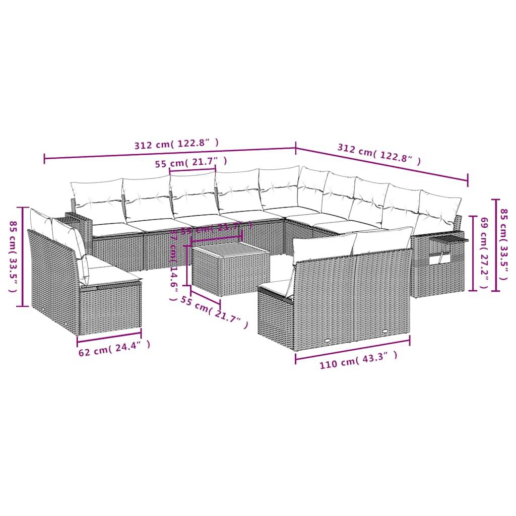 vidaXL 14-teiliges Gartensofa-Set mit Kissen, grau, Polyrattan