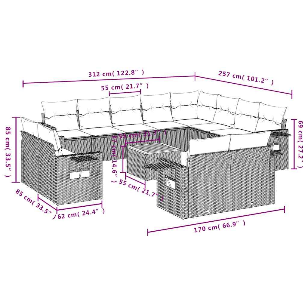 vidaXL 13-teiliges Gartensofa-Set mit Kissen, grau, Polyrattan