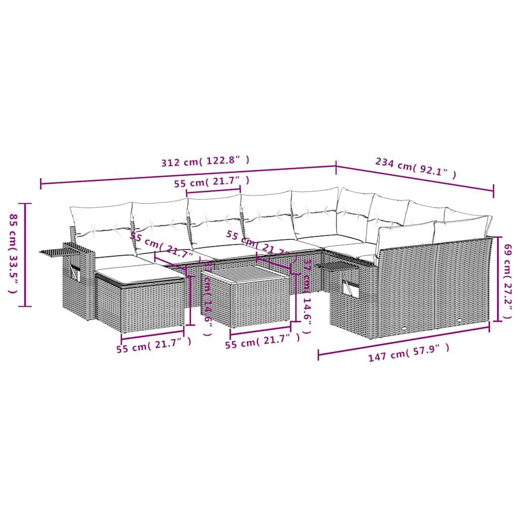 vidaXL 11-teiliges Gartensofa-Set mit Kissen, grau, Polyrattan