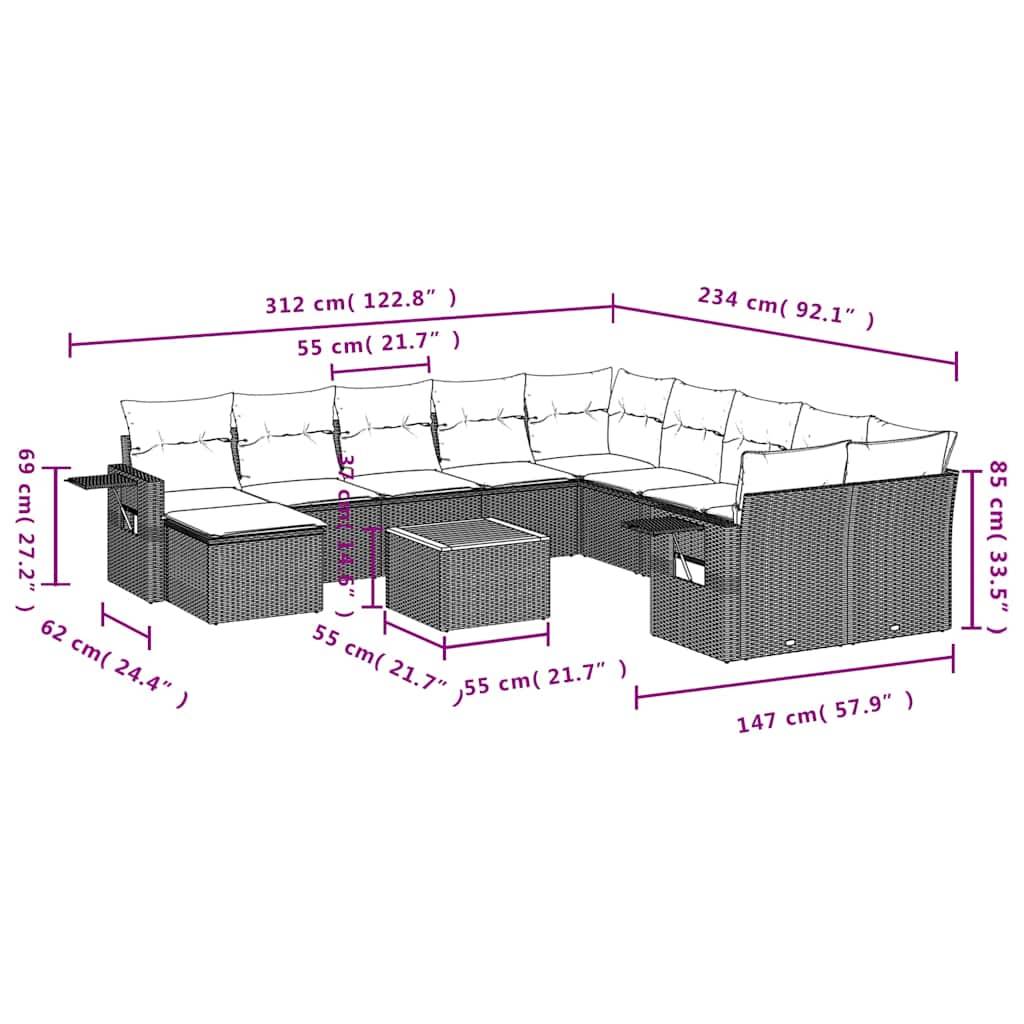 vidaXL 12-teiliges Gartensofa-Set mit Kissen, schwarzes Polyrattan