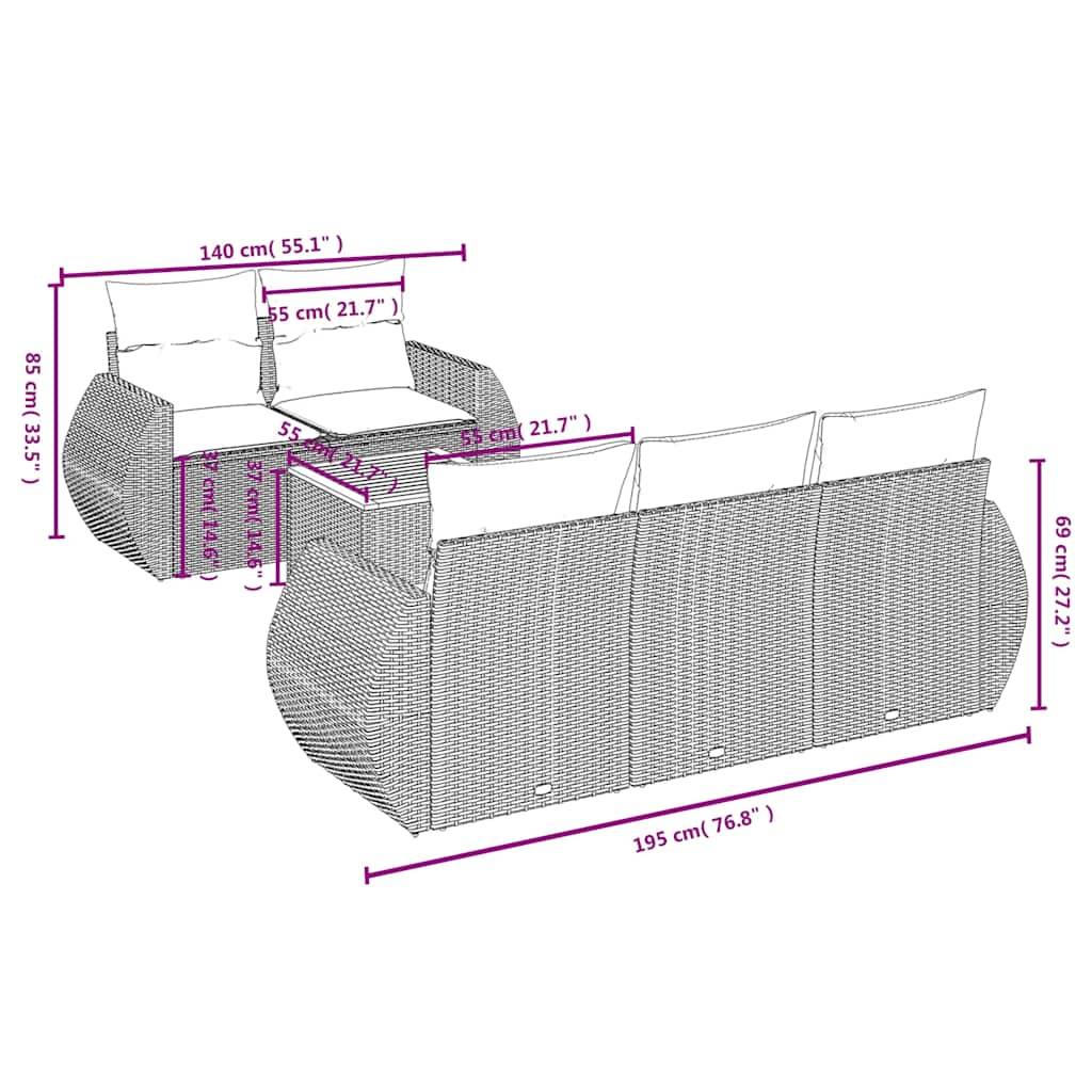 vidaXL 6-teiliges Gartensofa-Set mit Kissen, schwarzes Polyrattan