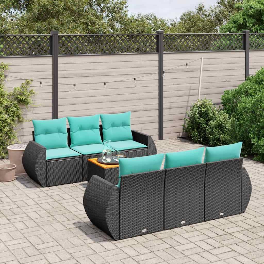 vidaXL 7-teiliges Gartensofa-Set mit Kissen, schwarzes Polyrattan