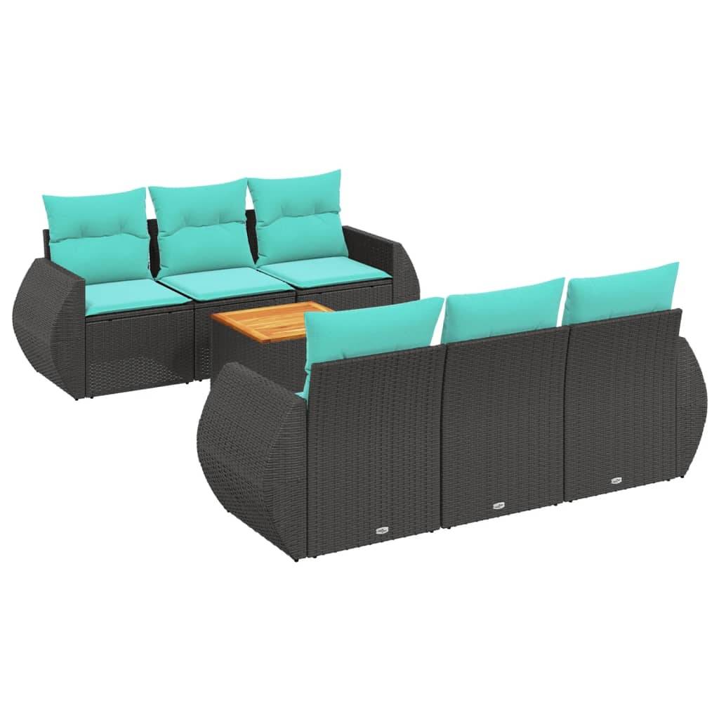 vidaXL 7-teiliges Gartensofa-Set mit Kissen, schwarzes Polyrattan