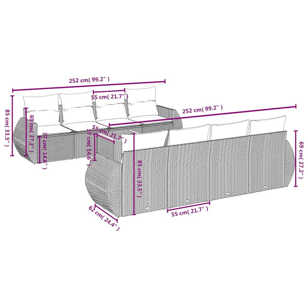 vidaXL 9-teiliges Gartensofa-Set mit Kissen, grau, Polyrattan