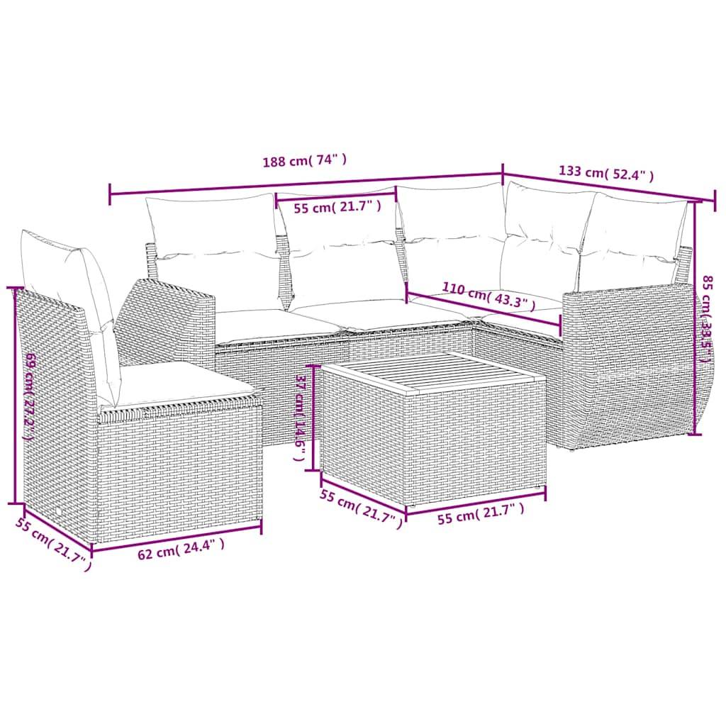 vidaXL 6-teiliges Gartensofa-Set mit Kissen, schwarzes Polyrattan