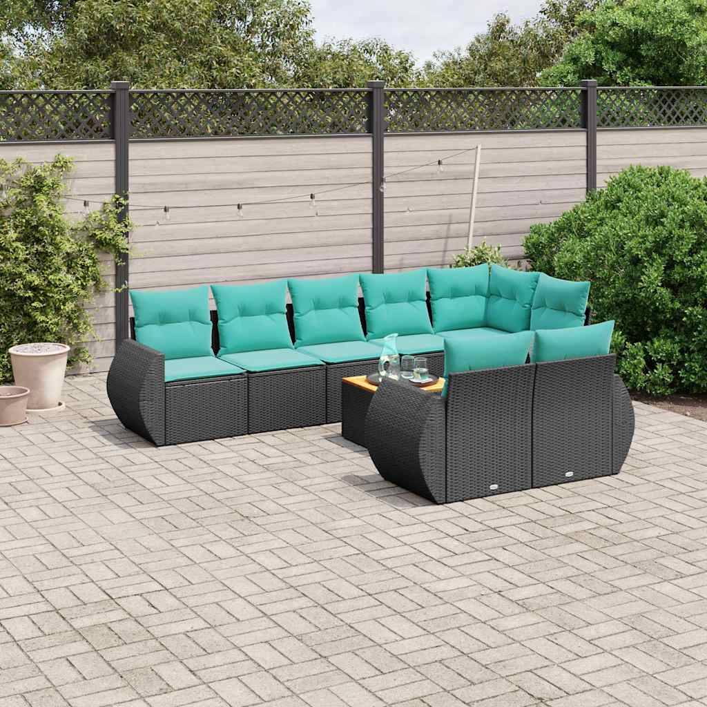 vidaXL 9-teiliges Gartensofa-Set mit Kissen, schwarzes Polyrattan