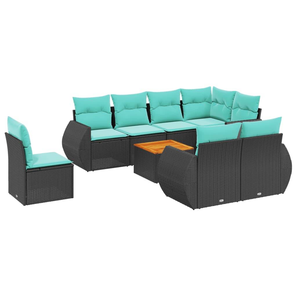 vidaXL 9-teiliges Gartensofa-Set mit Kissen, schwarzes Polyrattan