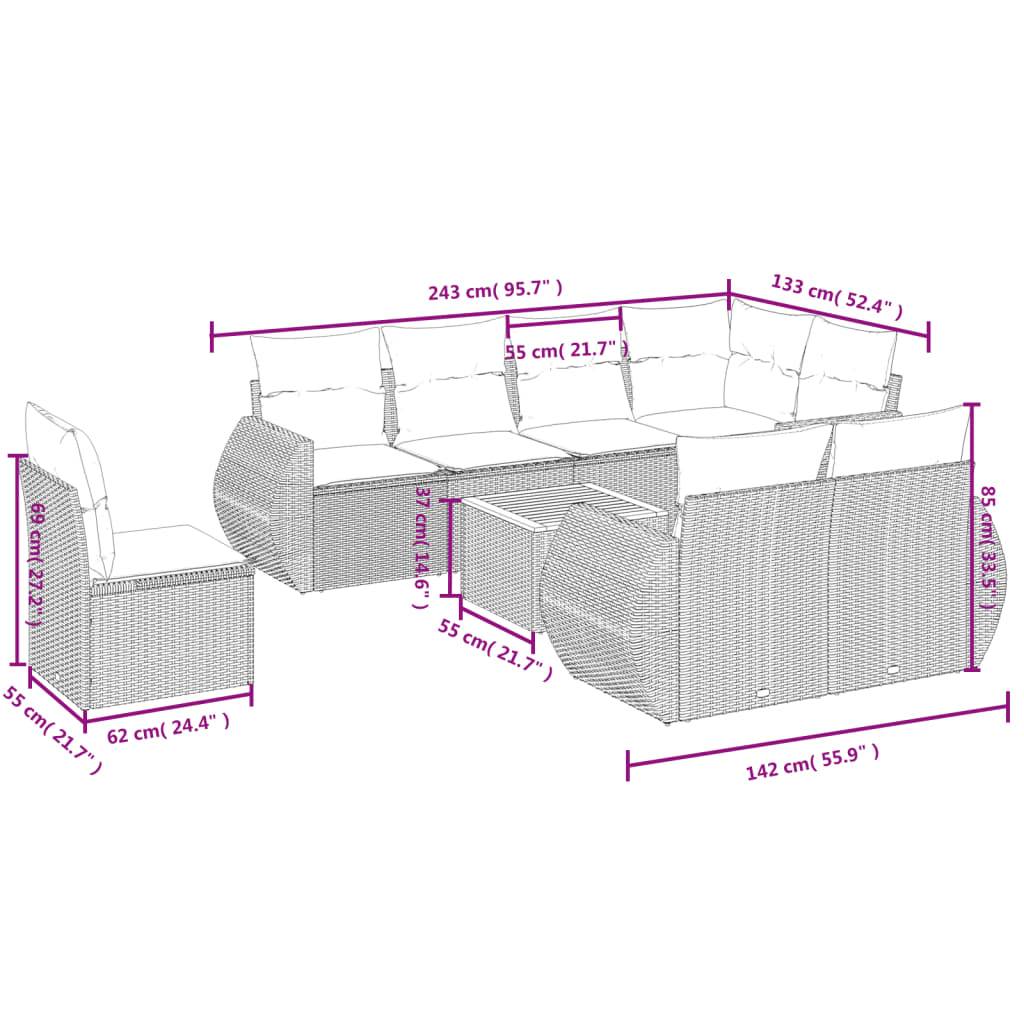 vidaXL 9-teiliges Gartensofa-Set mit Kissen, grau, Polyrattan