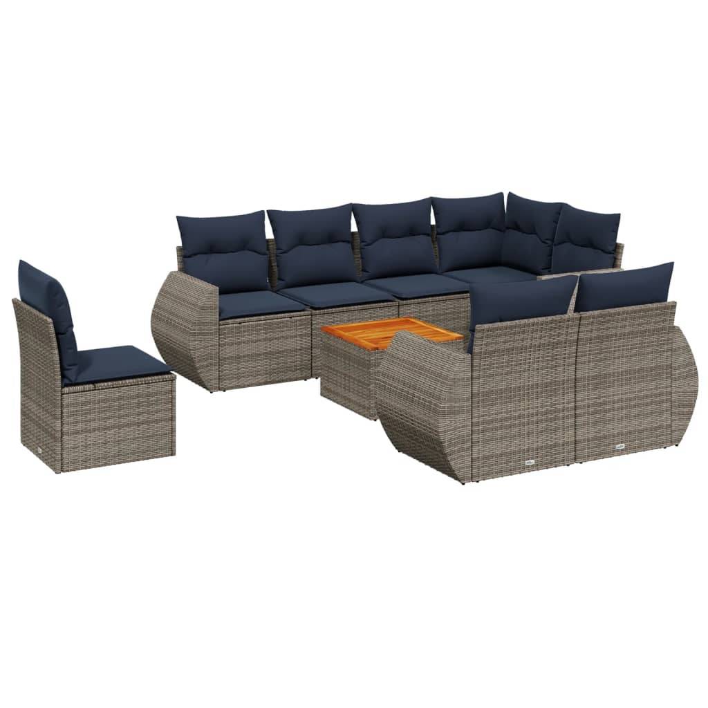 vidaXL 9-teiliges Gartensofa-Set mit Kissen, grau, Polyrattan